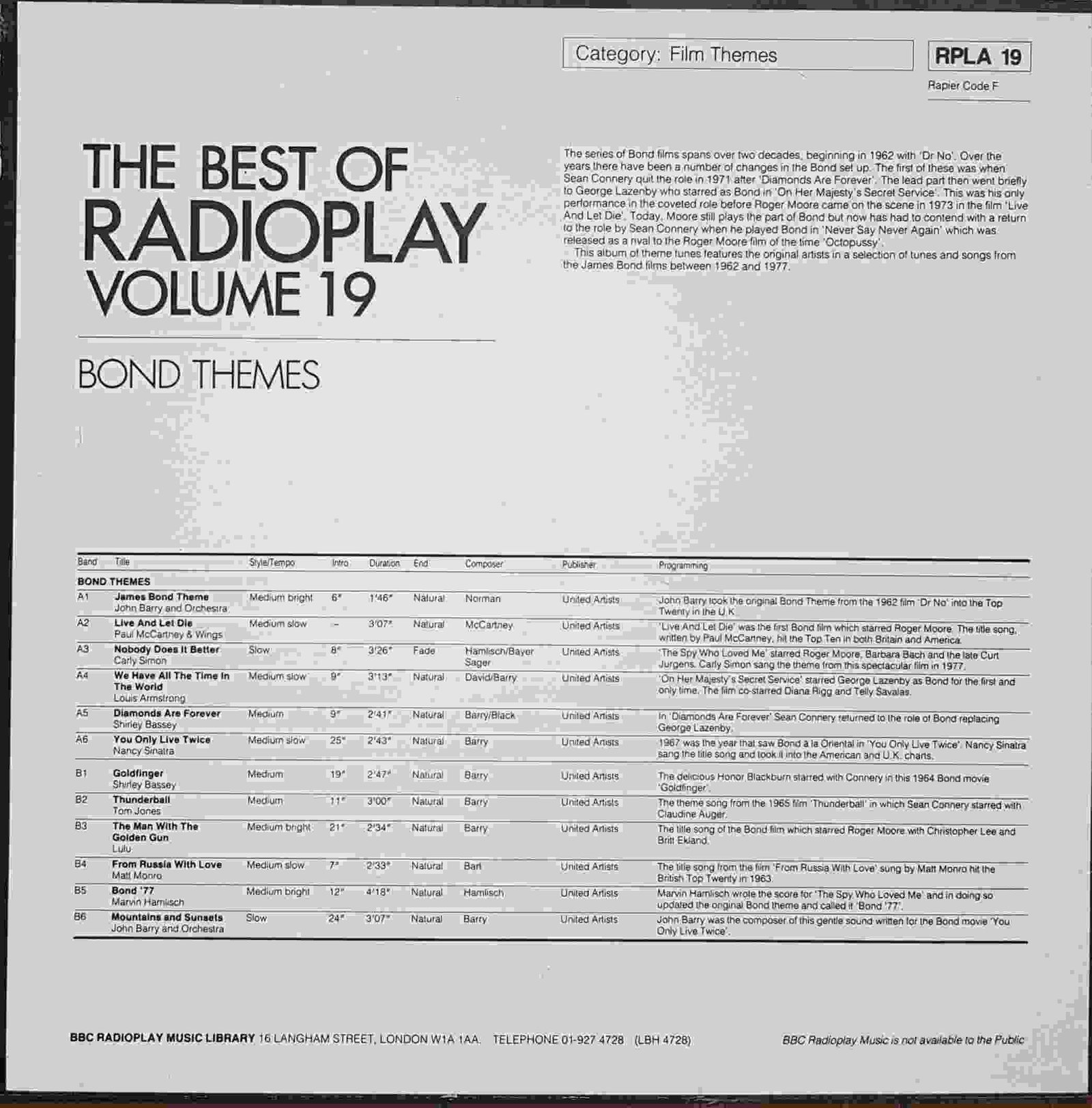 Picture of RPLA 19 The best of Radioplay - Volume 19 - Bond themes by artist Various from the BBC records and Tapes library